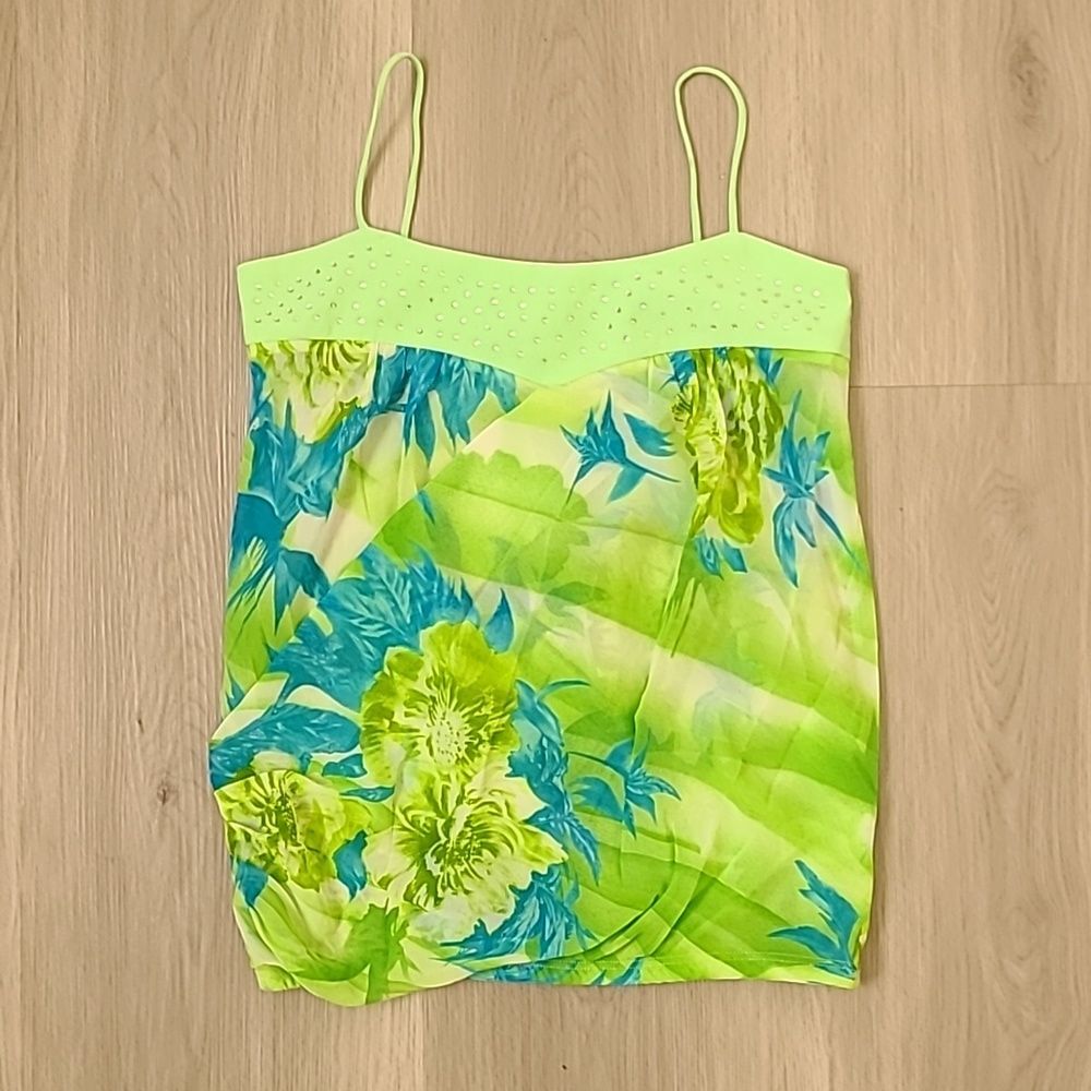 Y2K Glow Floral Green Blue Tank Top Medium Rhinestone Summer Flower whimsical